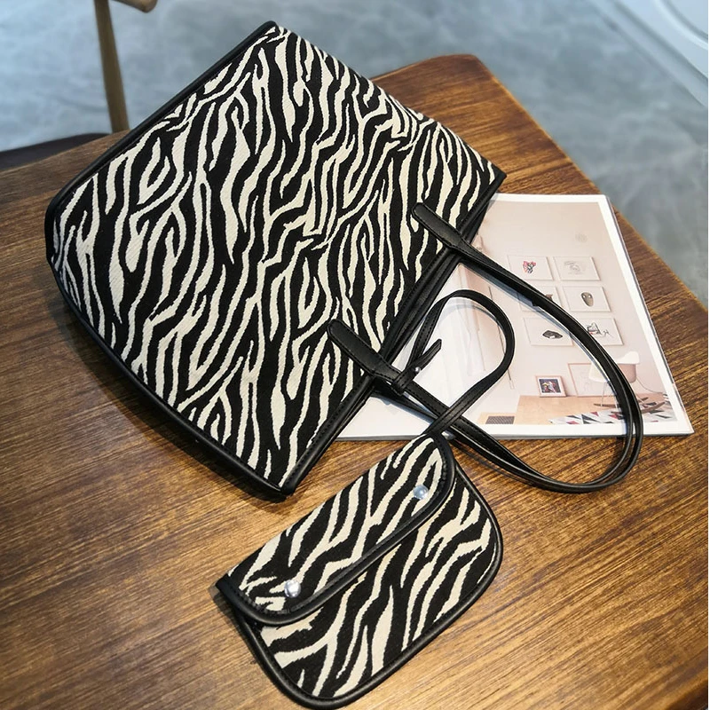 

3 in 1 Bag Set Zebra Print Canvs Shoulder Bag Women Big Handbags Travel Hand Purse Big Tote Bags Female Trend Bag Lady Handbags