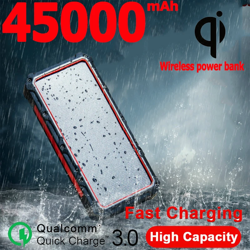 Солнечный беспроводной внешний аккумулятор 45000 мАч большая емкость LED свет