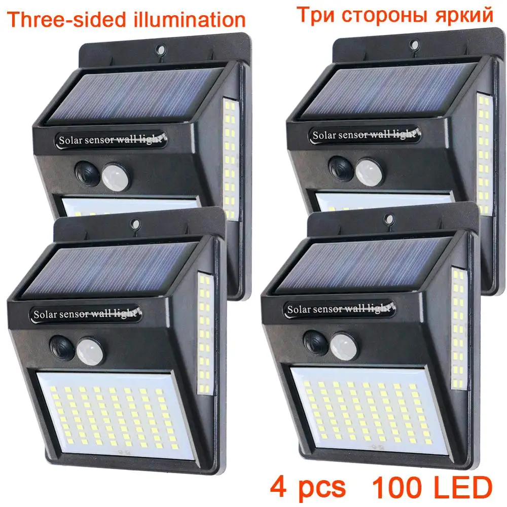 100LED - 4pcs Настенный светильник с датчиком движения PIR, 20, 35LED, 100LED, уличный светильник на солнечной энергии, уличный, уличный, водонепроницаемый, для двора, для дома, сада, лампа на солнечной энергии - Испускаемый цвет: 100LED - 4pcs