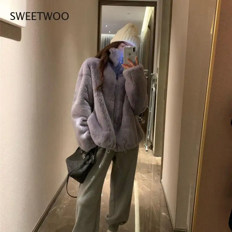 Faux resembling Rex rabbit fur autumn and winter jacket women Korean version ins loose stand collar fashion furry coat lazy warm