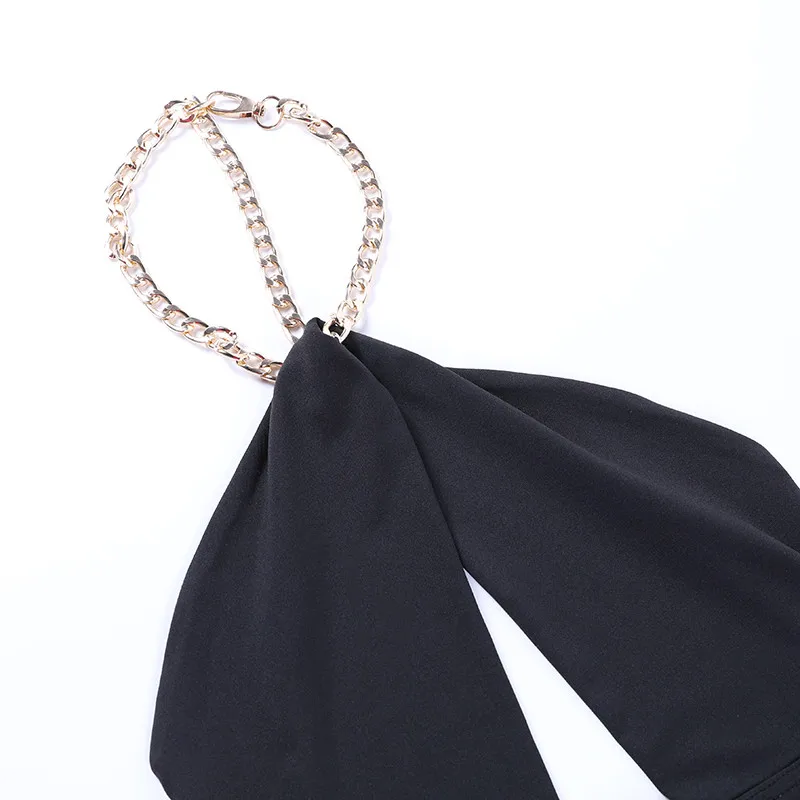 

Medal Chain Patchwork Sexy Women Dress Off Shoulder Halter Hollow Out Bodycon Backless Streetwear Party Elegant 2021 New