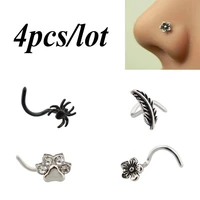 1 4pcs copper nose stud piercing set ring stainless steel flower spider bone nariz rings feather paw for women body jewelry 20g