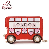 cute london bus design girsl chain shoulder bag embroidered cartoon women novelty purses and handbags fashion red crossbody bag