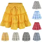 Женская плиссированная мини-юбка, хлопковая Повседневная пляжная юбка, трапециевидная, с цветочным принтом, с оборками, 80%, 2020, S-XXL