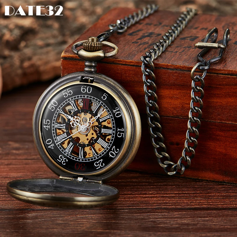

Roman Numeral Arabic Number Mechanical Pocket Watch Skeleton Bronze Case Dial Male Fob Chain Clock for Men Women Dropshipping