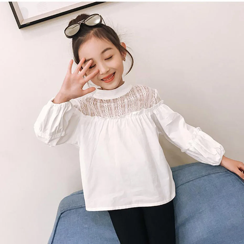 Белая блузка для девочек кружевные школьные рубашки с цветочным принтом