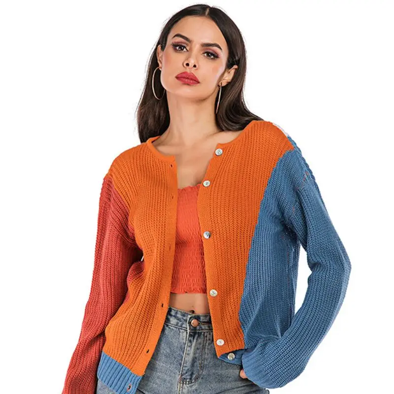 

Women Long Sleeve Buttons Sweater Color Block Patchwork Knitted Loose Cardigan
