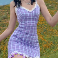 purple plaid wrap skirt sexy lace v neck women suspender dress slim summer girl casual party dresses female mini vestidos