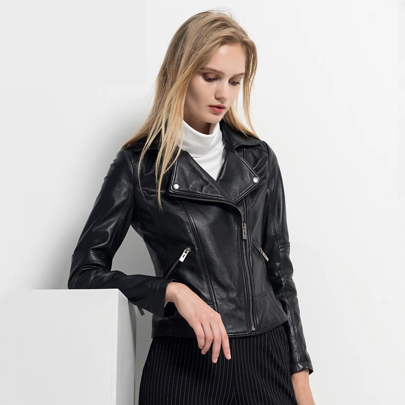 2020New Fashion Women Sheepskin Genuine Leather Jackets Slim Motorcycle Biker Jacket Ladies Real Leather Coats Short Full Zipper