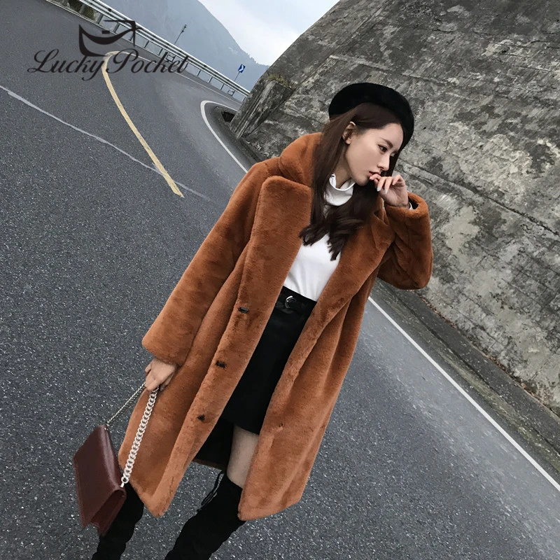 

Women Winter Casual Plus Size Solid Color Thick Loose Fur Coat Ladies Fashion Keep Warm Mid-Length Lapel Parkas Outerwear ZY104