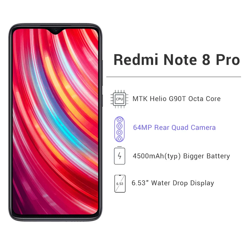 Xiaomi Redmi Note 8 Pro, 8 ГБ ОЗУ, 128 Гб ПЗУ, мобильный телефон, 64 мп, четырехъядерный процессор Helio G90T, четыре ядра, 6,53 дюйма, FHD+ экран, 4500 мАч