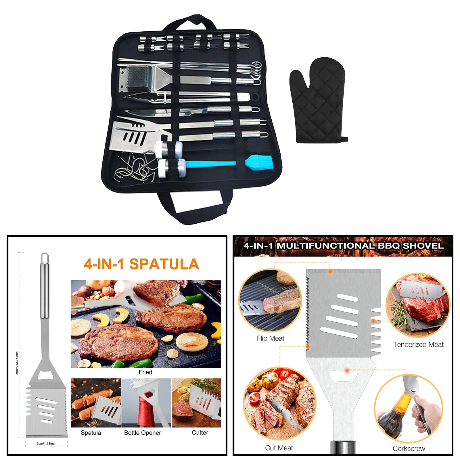 

35 Set of Stainless Steel Outdoor Camping Grill Barbecue BBQ Utensil Set Spatula Tongs Grilling Accessories w/ Carry Case