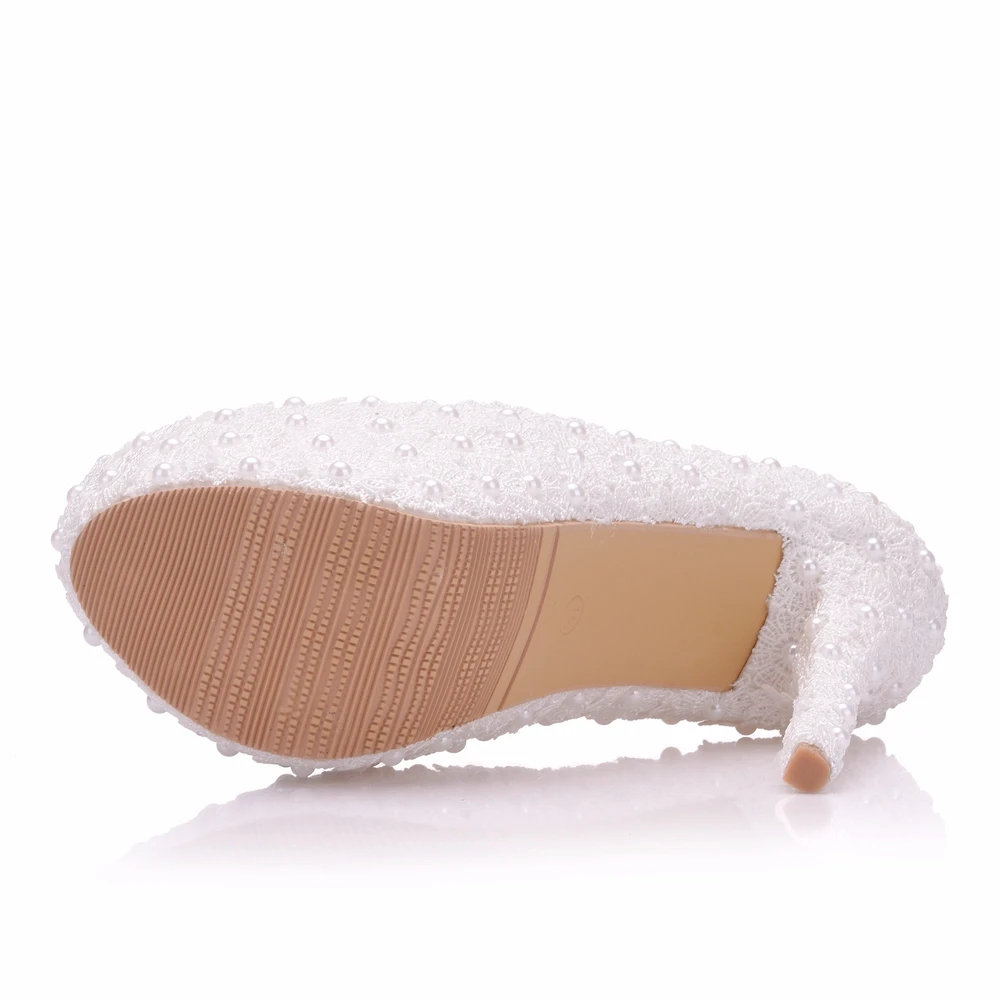 

Crystal Queen Pearl Lace White Wedding Shoes Women Party Sexy High Heels Platform Pumps Bridal Shoes