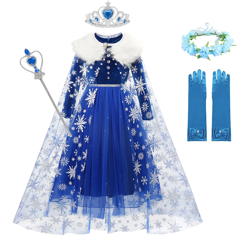 

Fancy Cosplay Girls Elsa Princess Dress Snowflake Anna Costume Halloween Christmas Kids Party Dresses Girls Clothing with Cloak