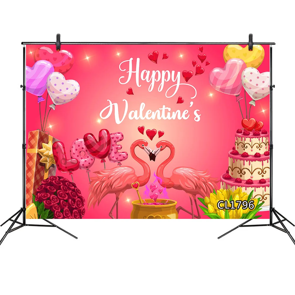 Фотофон Фламинго мультфильм Роза шар торт красные сердца розовый фон День