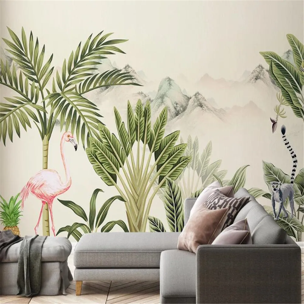 

Milofi custom large wallpaper mural living room flamingo hand-painted tropical rainforest plant landscape background wall