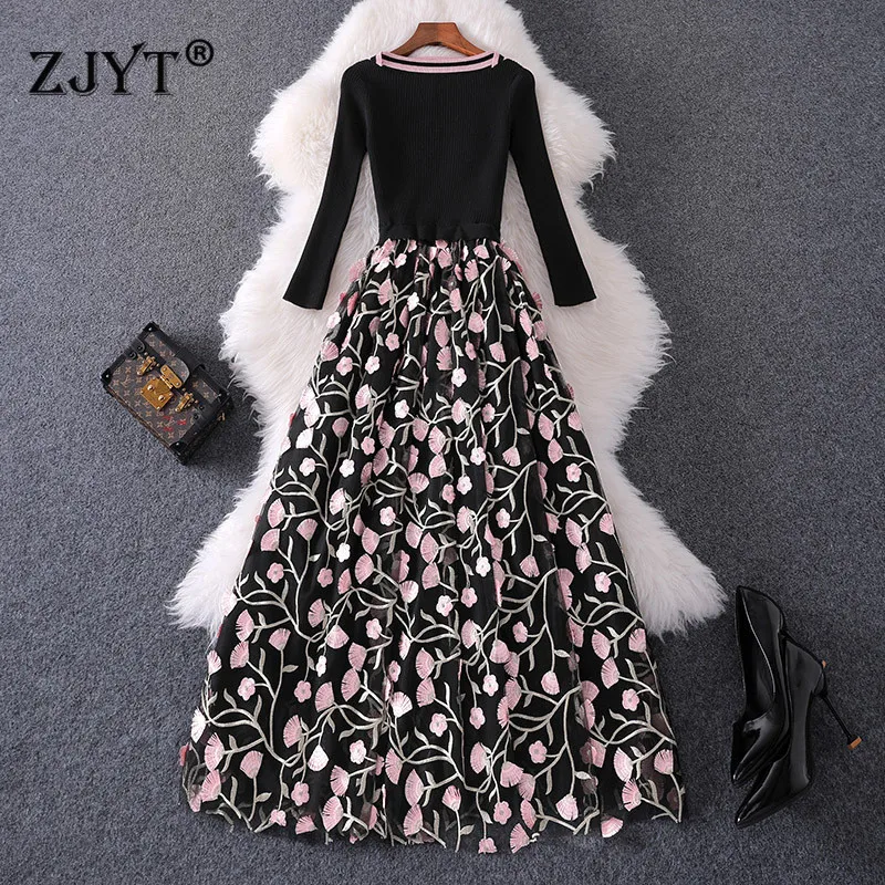 Женское трикотажное платье с цветочной вышивкой Осень зима 2020|Женские платья| |