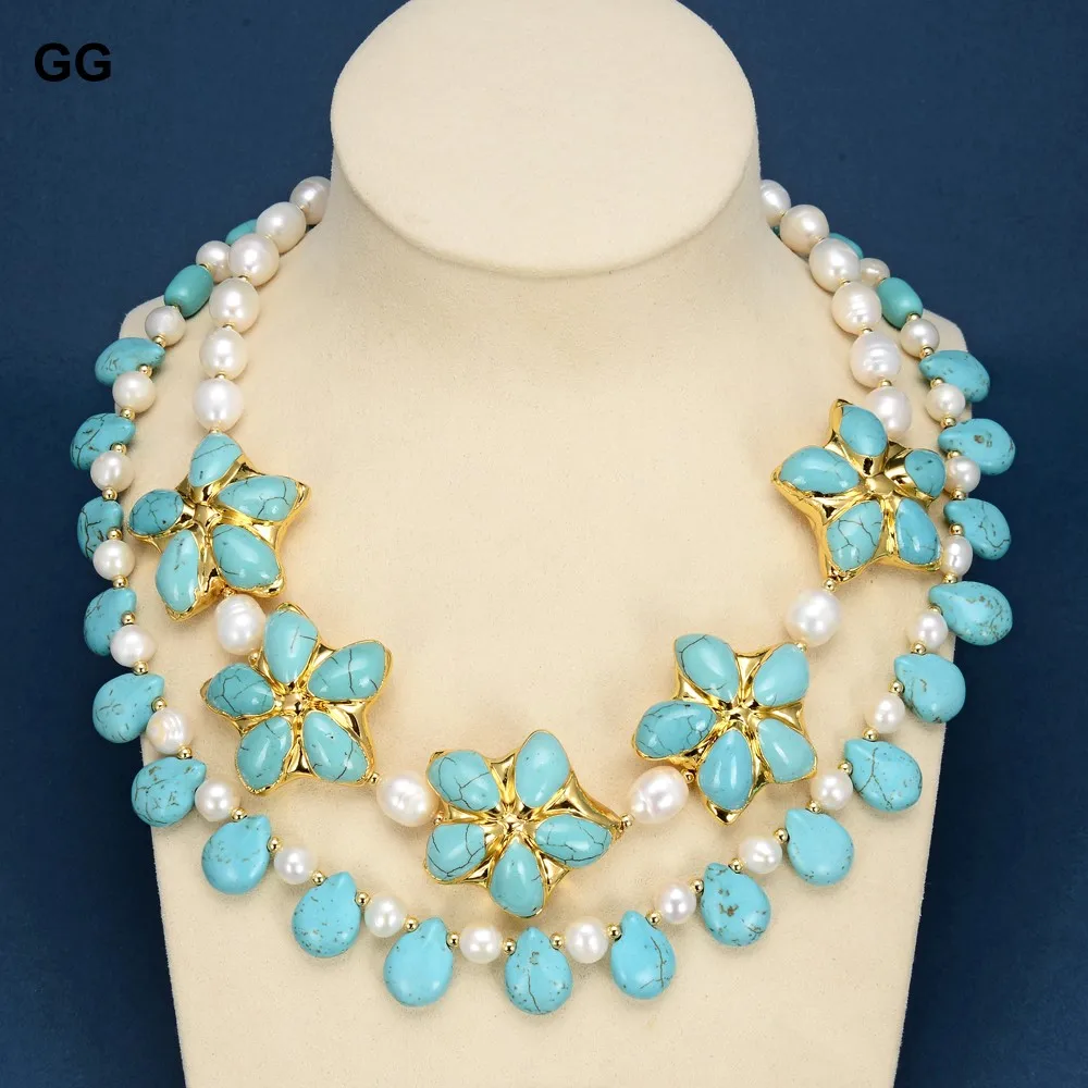 

GuaiGuai Jewelry 2 Rows Natural Cultured White Rice Pearl Blue Turquoises Flower Necklace Handmade For Women