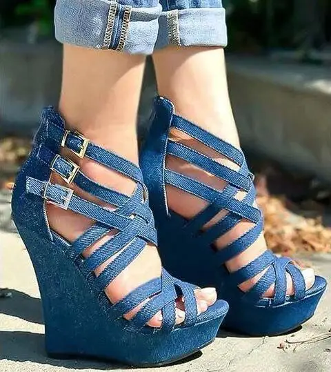 

Linamong Summer New Woman Blue Jeans Black Cuts Out Wedge Sandals Girls Buckles Platform High Heel Sandals Shoes Lady