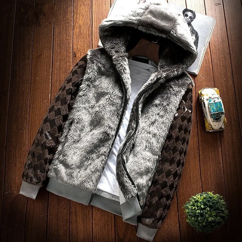 

Gothic Mens Autumn Winter Faux Fur Jacket Hoody Fur Lining Warm Furry Coat Harajuku Hip Hop Casual Colors Panelled Hairy Jacket