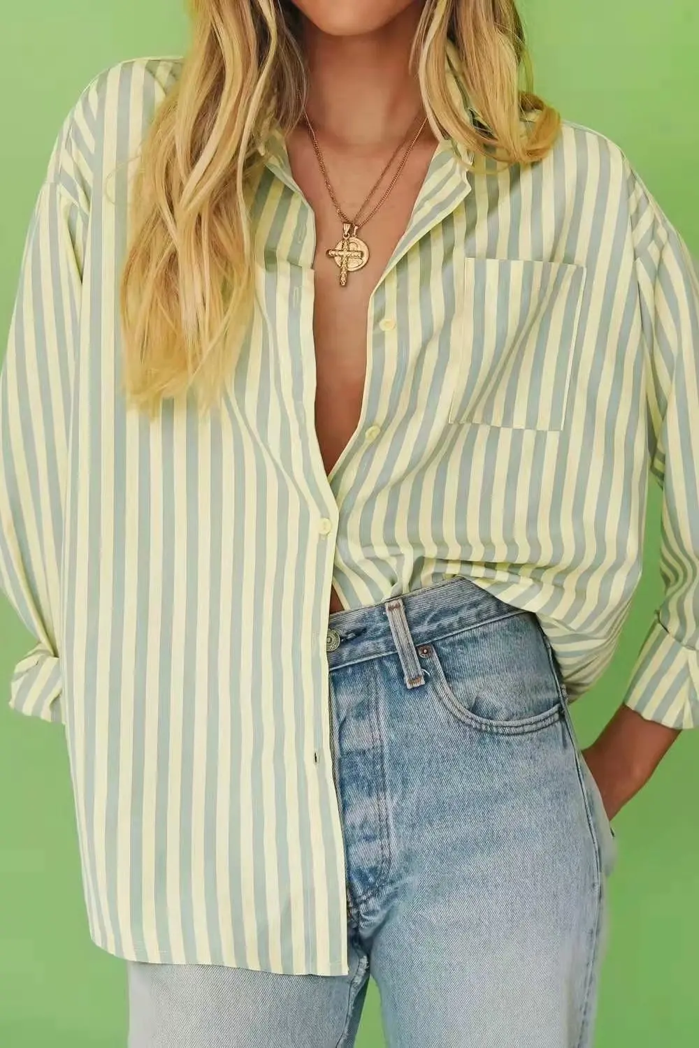 

2021 Women striped T Shirt Elegant Turn-down Collar Tee Summer Autumn Long Sleeve Top Femme Clothing