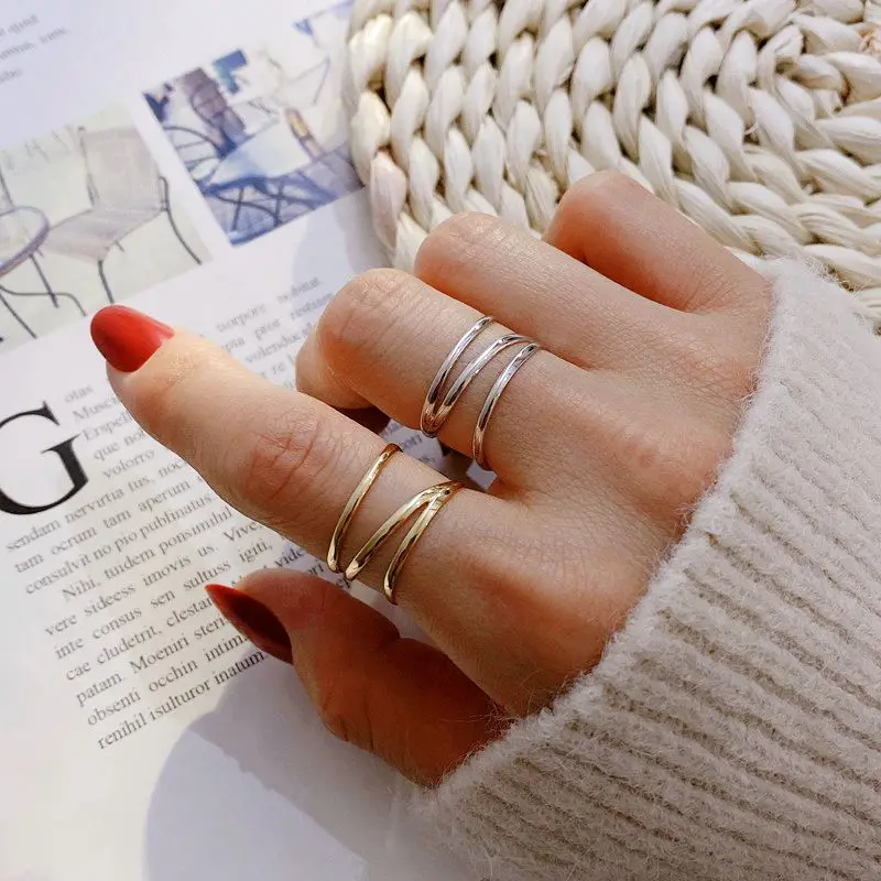 Женское кольцо в минималистичном стиле amaiyllissa открытое золотистое трехслойное