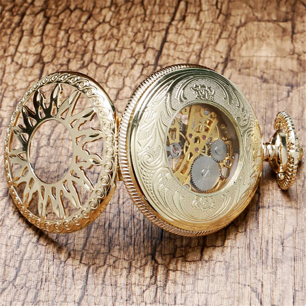 Hollow Sun Pattern Bronze/Gold/Black Mechanical Hand Winding Pocket Watch Male Pendant Clock Exquisite Antique Timepiece Gifts