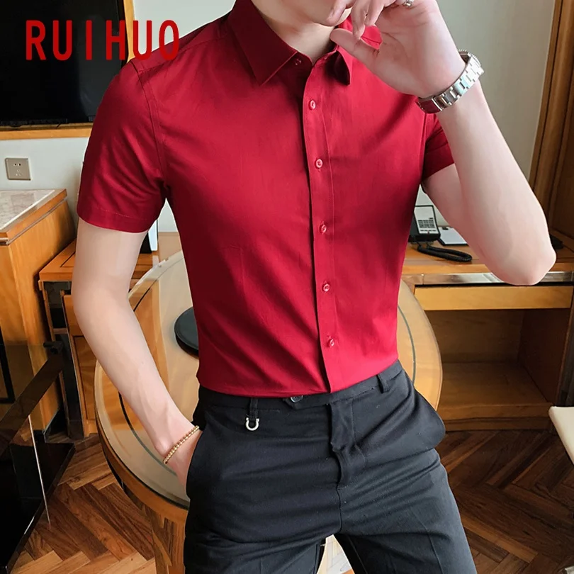 

RUIHUO Solid Casual Shirts For Men Clothing Short Sleeve White Shirt Men Vintage Clothes Mens Shirt Dress M-5XL 2021 New Arrival