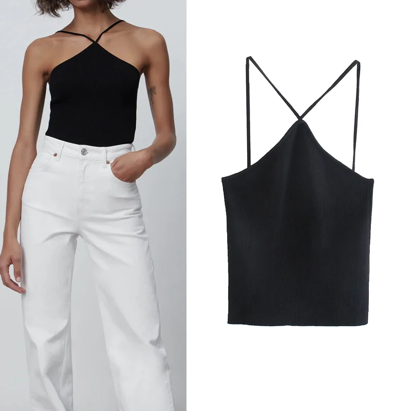 

NWOMN 2021 Black Cut Out Knit Basic Crop Top Women Backless Summer Clothes For Woman Sexy Bustier Thin Straps Tank Tops Female
