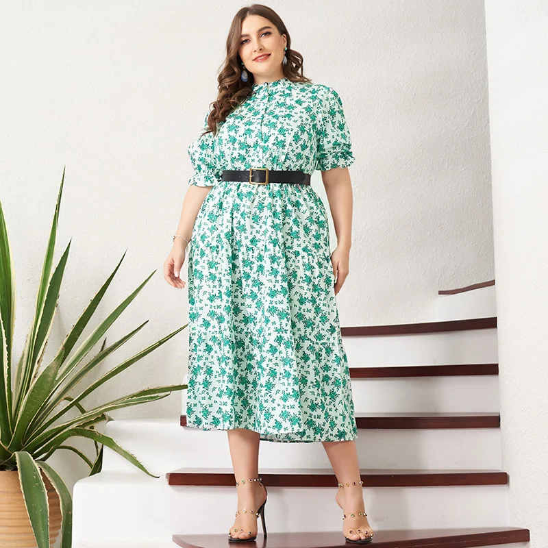

2022 New Summer Midi Dress Women Green Floral Print Casual Holiday Latern Short Sleeve Belted Buttons Sweet Dresses 3XL 4XL