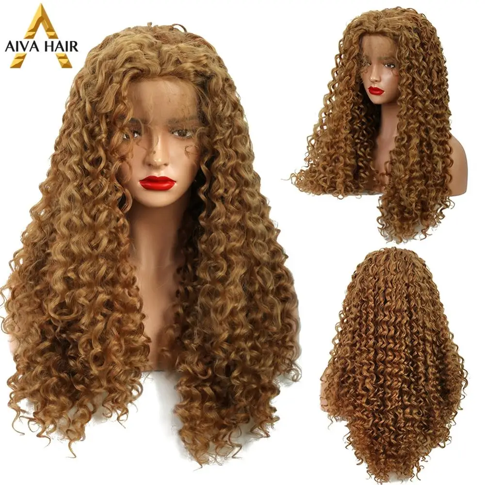 Honey Blonde Kinky Curly Synthetic Lace Front Wig Glueless Drag Queen Synthetic Lace Wigs Long Cosplay Wigs For Black Women Aiva
