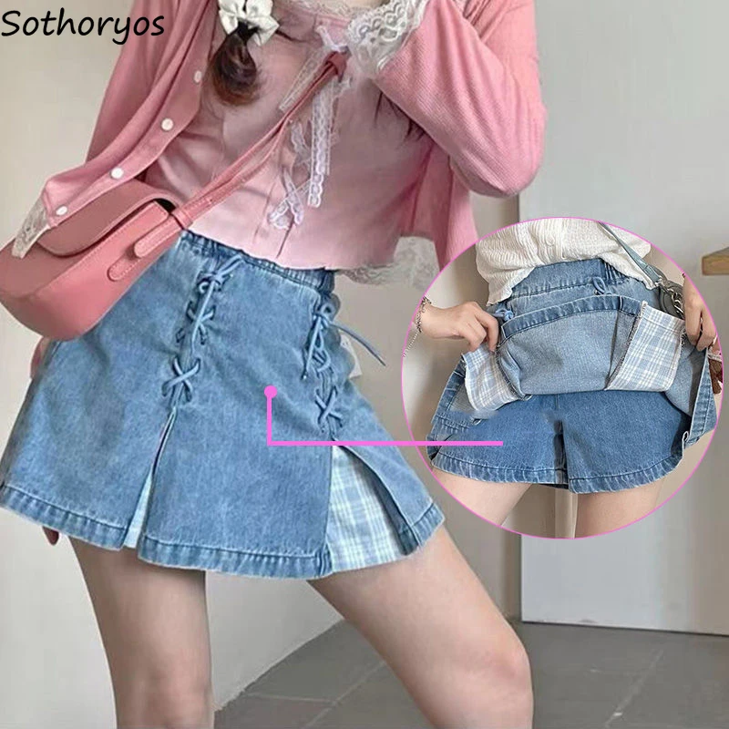 

Plaid Denim Mini Skirts Women Sweet Cute Criss-cross Bandage A-line Sexy Ins Fashion Skirt-short High Waist Casual Tender Chic