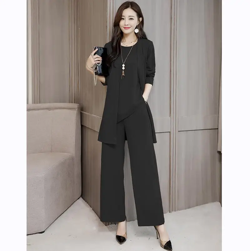 

4XL 5XL Plus Size Women Sets Spring Casual 3 Pieces Sets Coat+Vest+High Waist Wide Leg Trousers Sets Large Size Women 3 Pcs Suit