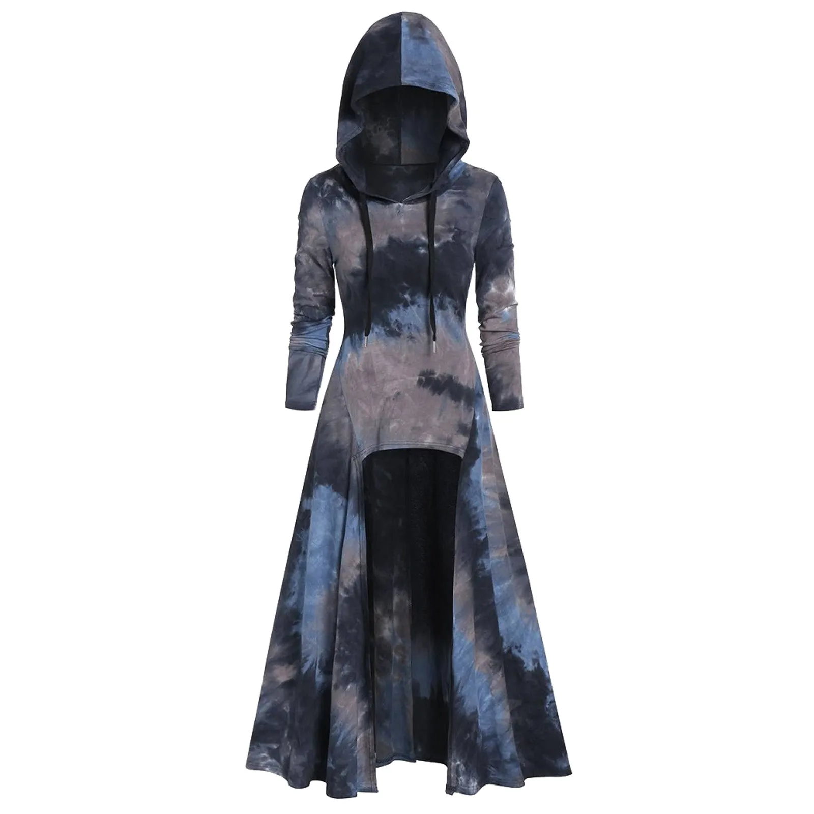 Женское асимметричное платье с капюшоном готическое винтажное в полоску длинным