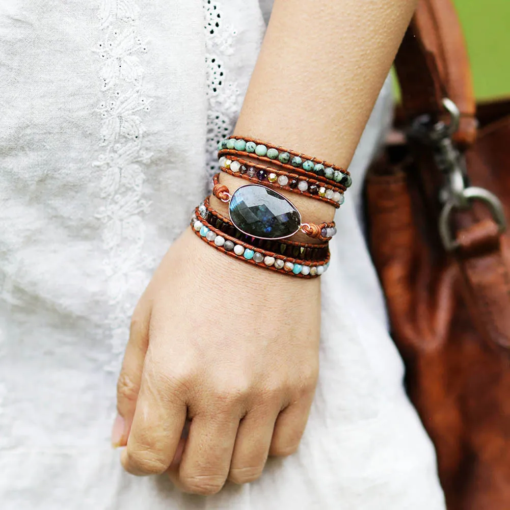 Exclusive New Women Boho Bracelets Labradorite 5 Times Leather Strap Woven Wrap Beads Bracelets Femme Dropshipping