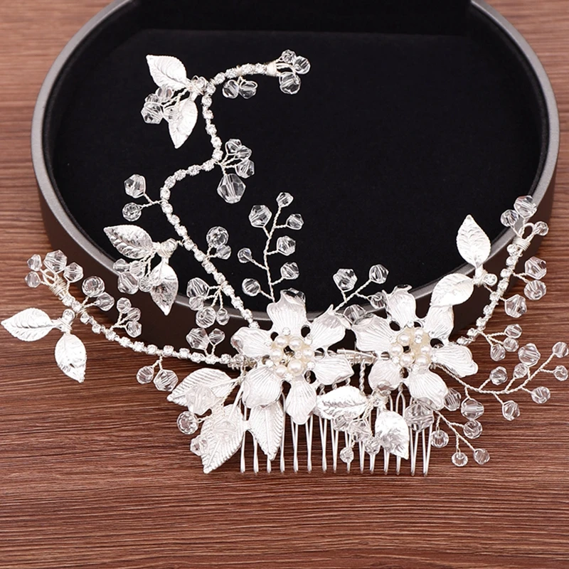 

Silver Color Rhinestone Flower Leaf Bridal Hair Comb Tiara For Women Pearl Hair Comb Jewelry Wedding Hair Accessories