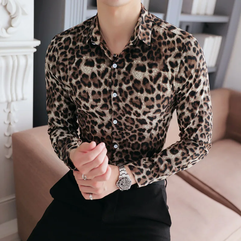 Men Pattern Shirts 2021 Fashion Spring Autumn Shirt Slim Fit Long Sleeve Leopard Print Mens Social Dress 5XL 4XL | Мужская одежда