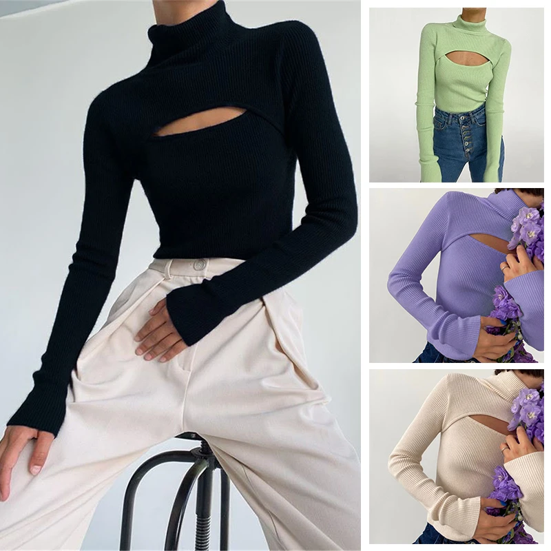 

2022 Women's Turtleneck Long Sleeve Slim Pullovers New Solid Hollow Out Fashion Autumn Sweater Ladies Sexy Ofiice Lady Clothes