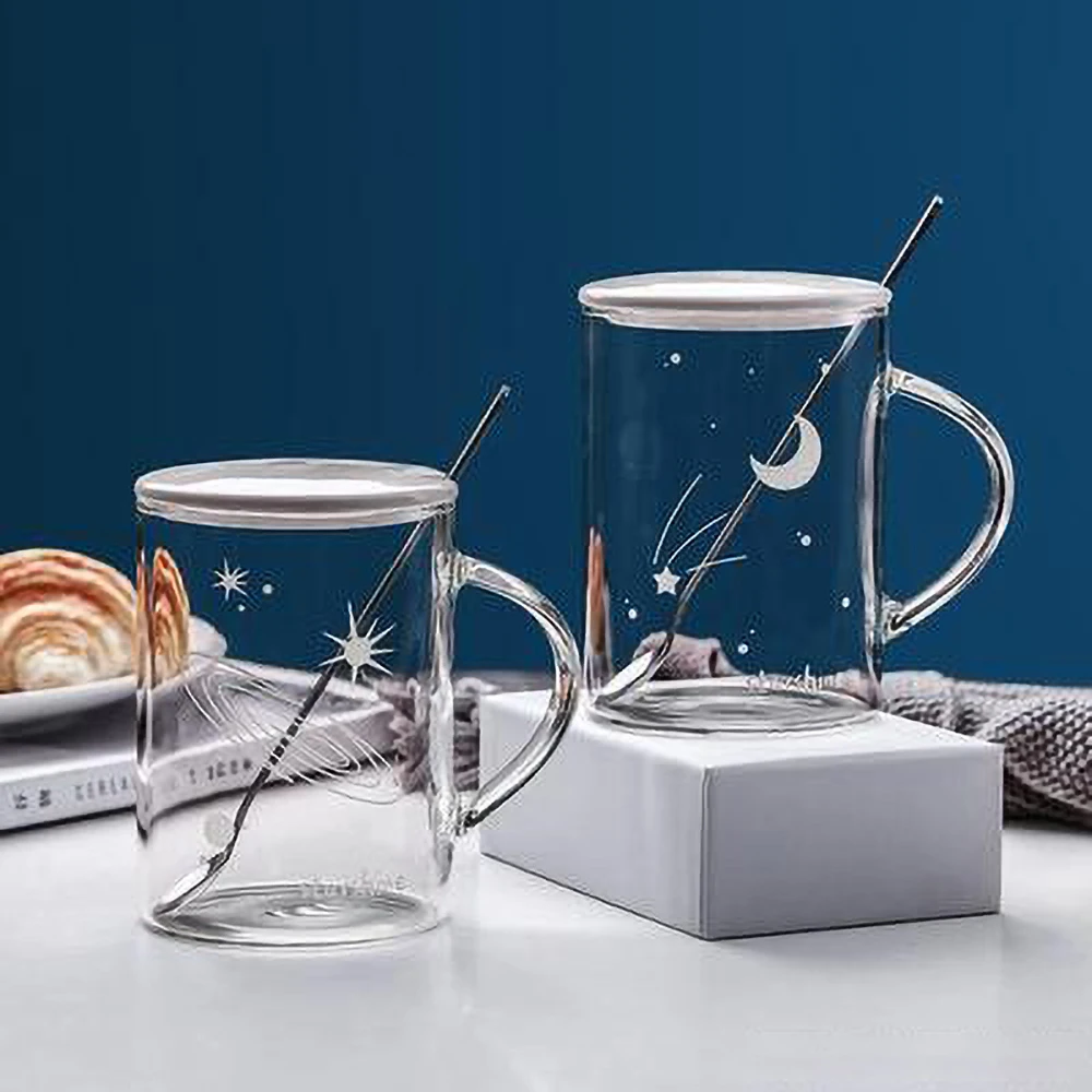 

Household Large Capacity Glass Milk Oatmeal Cup Starry Sky Ins Wind with Handle Cover Spoon Breakfast Cup High Value