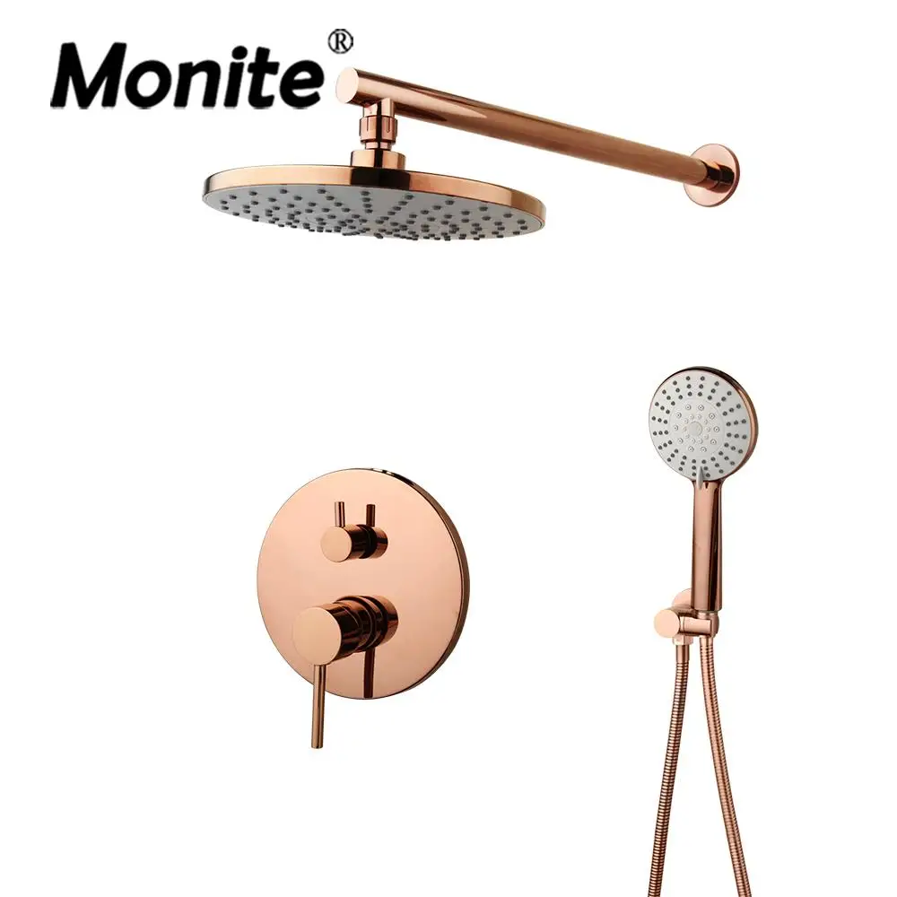

Monite Rose Gold Shower Faucet Rainfall Head Pink Golden Bathroom Bathtub Shower Set Faucet w/ Mixer Hand Shower & Bathtub Spray