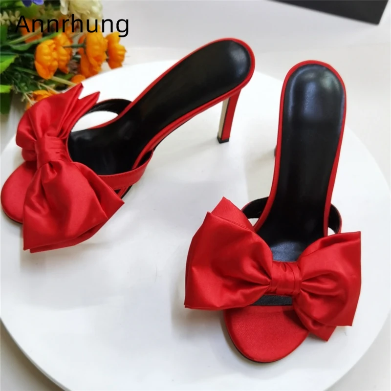 

Sexy Summer 2020 Butterfly-knot Women Slippers Thin High Heels Open Toe Red Satin Slip-on Mules Cut Out Bowknot Runway Shoes