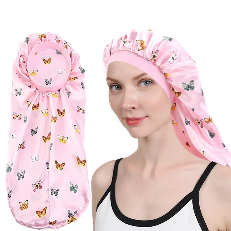 

Long Hair Sock Women Cap Sleep Hat Wrap Night Cap Hair Care Bonnet Nightcap Wide Band Elastic Satin Hat Head cover Baggy Protect