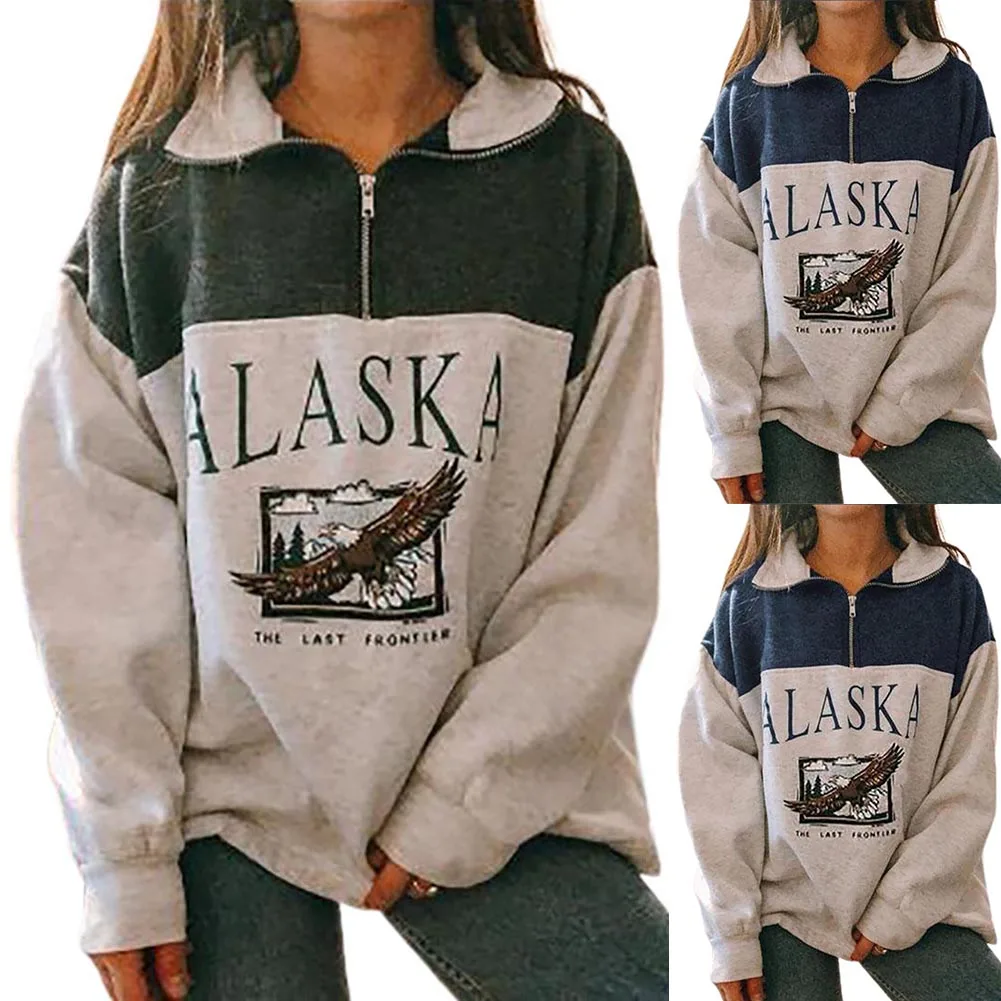 

Women Stand Collar Half Zipper Letter Eagle Print Sweatshirt Blouse Pullover Long Sleeve Pullover Sweatshirt Top For Female
