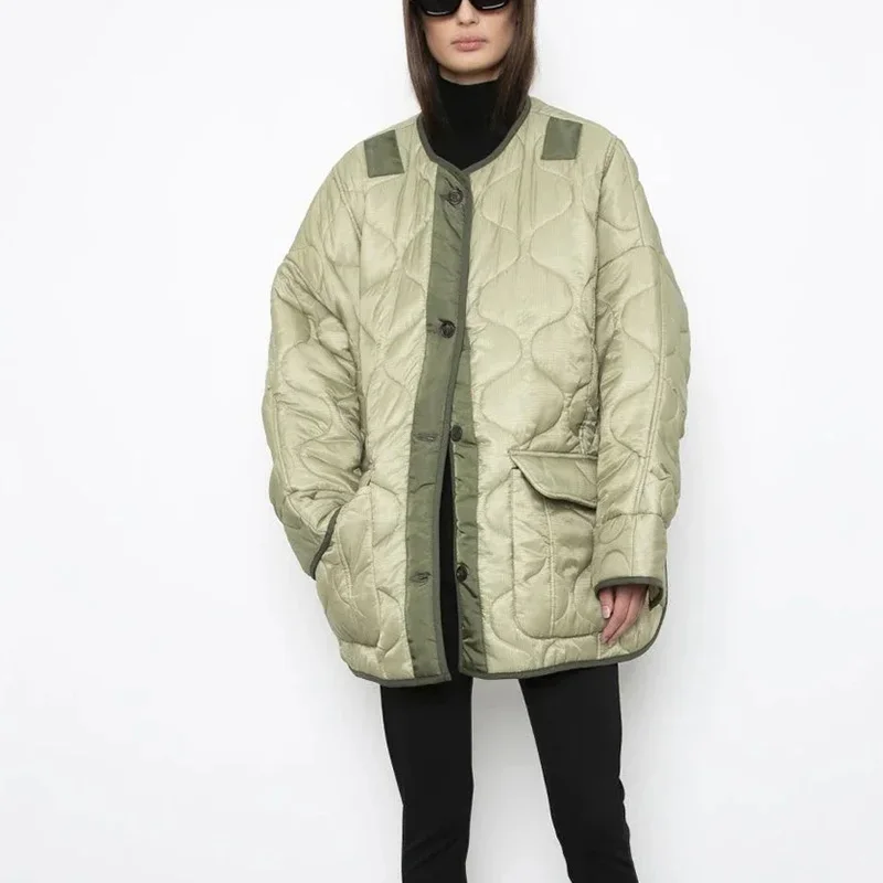 

2021 Winter Women's Winter Jackets Patchwork Quilted Coats Big Pocket Oversized Down Parkas Armygreen Cotton Padded Parka