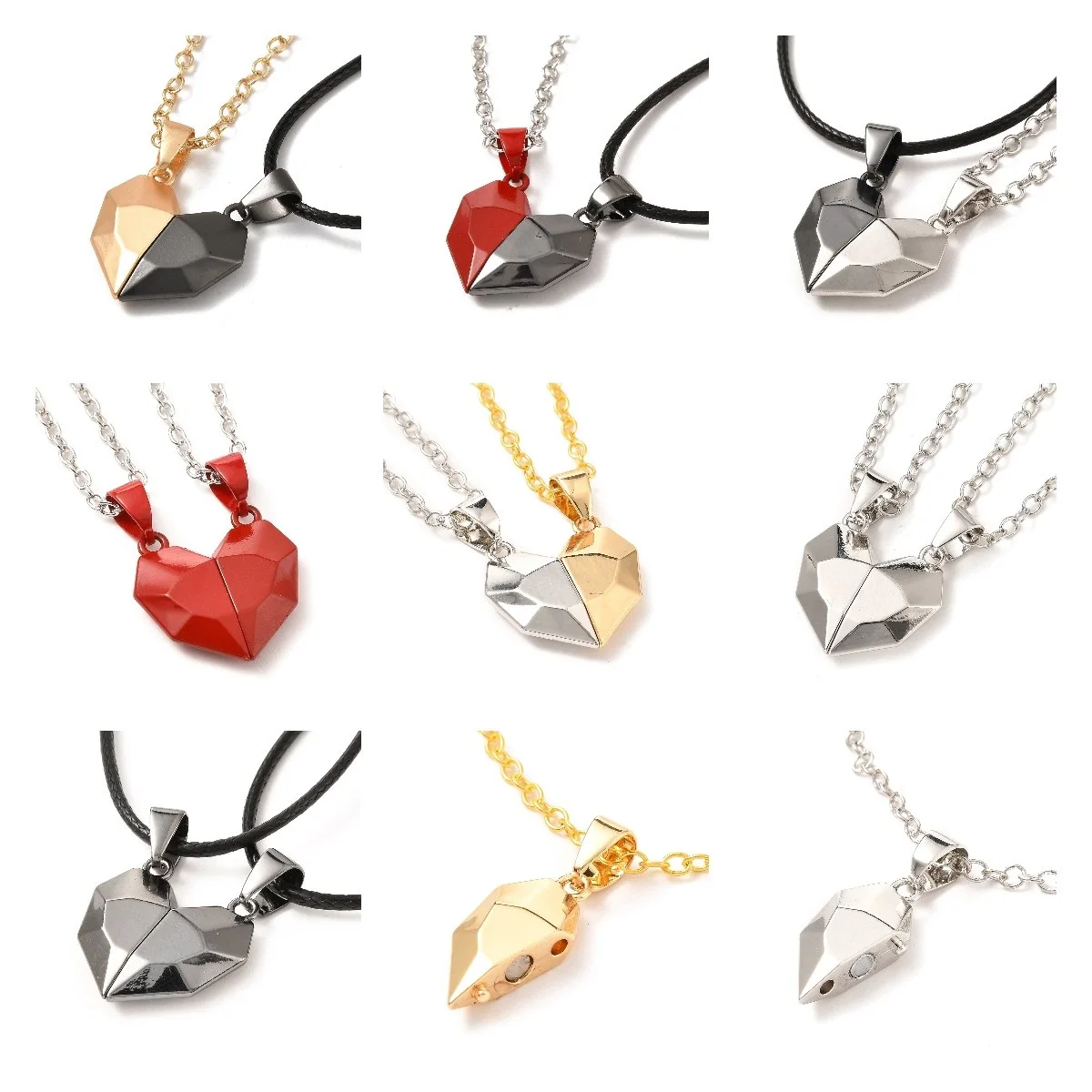 

5 sets/lot Magnetic Couple Necklace Love Heart Pendant Distance Faceted Charm Necklace Women Men Valentine's Day Gift