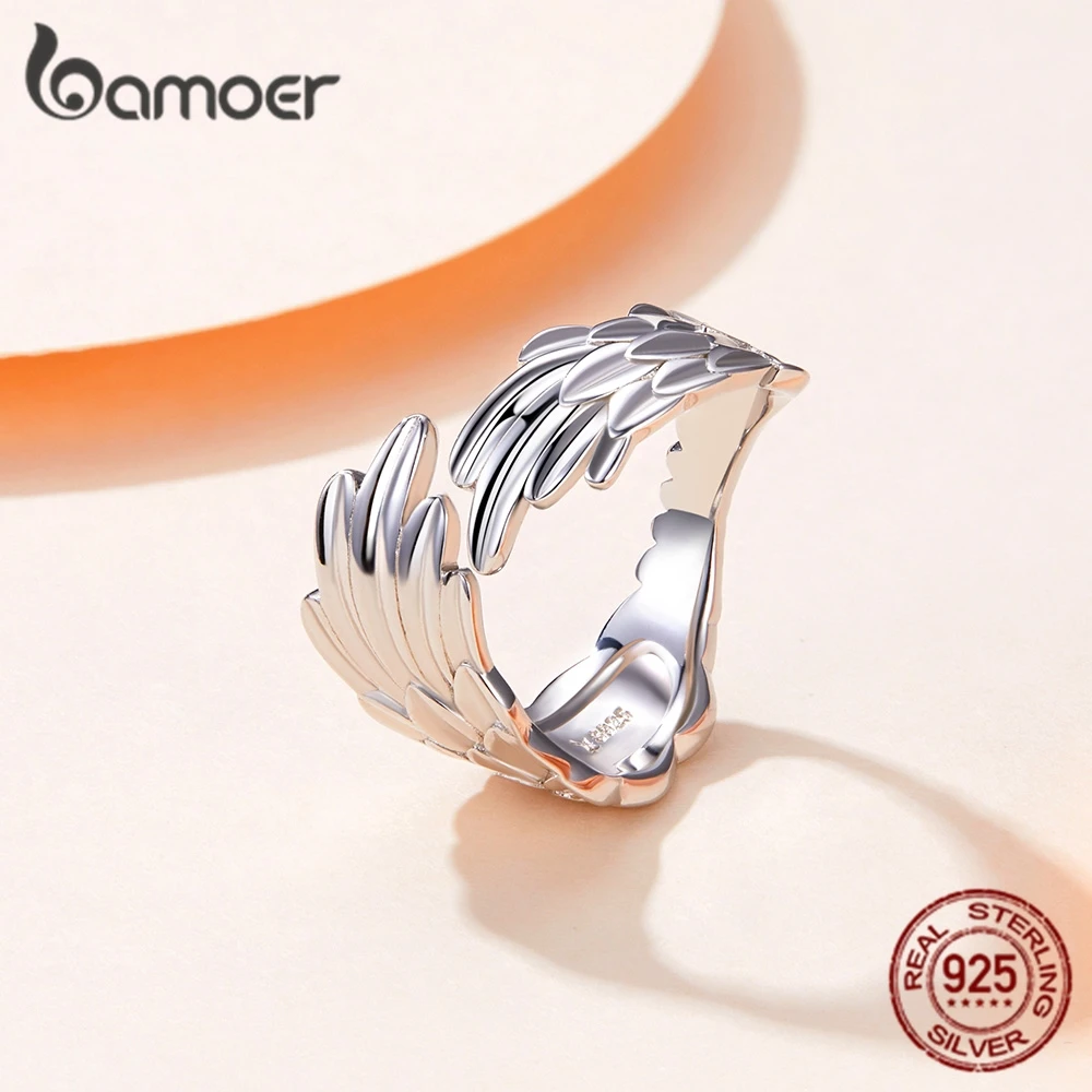 Серебряное кольцо bamoer 925 пробы с крыльями ангела регулируемое платиновым