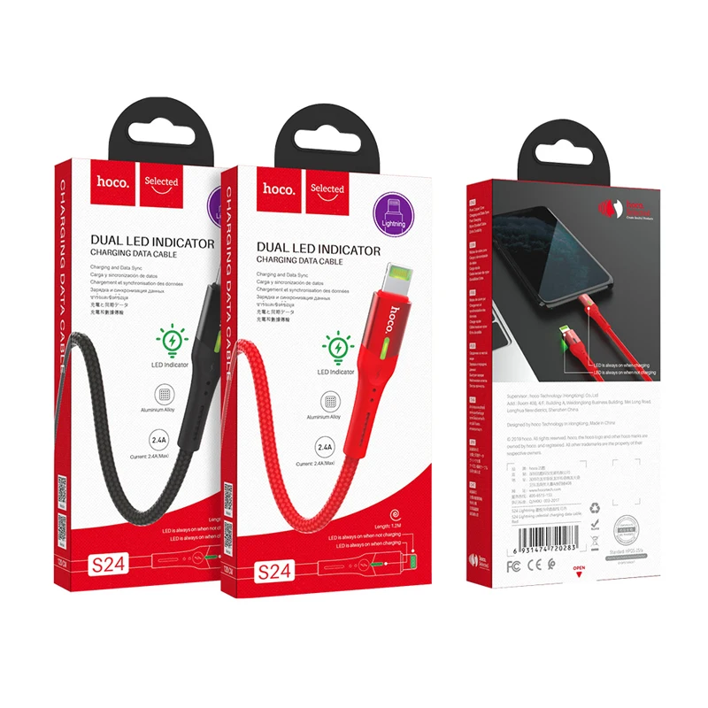 HOCO двойной индикатор зарядки данных USB кабель для Lightning iPhone 11 Pro Max X XS XR 8 7 iPad 2.4A