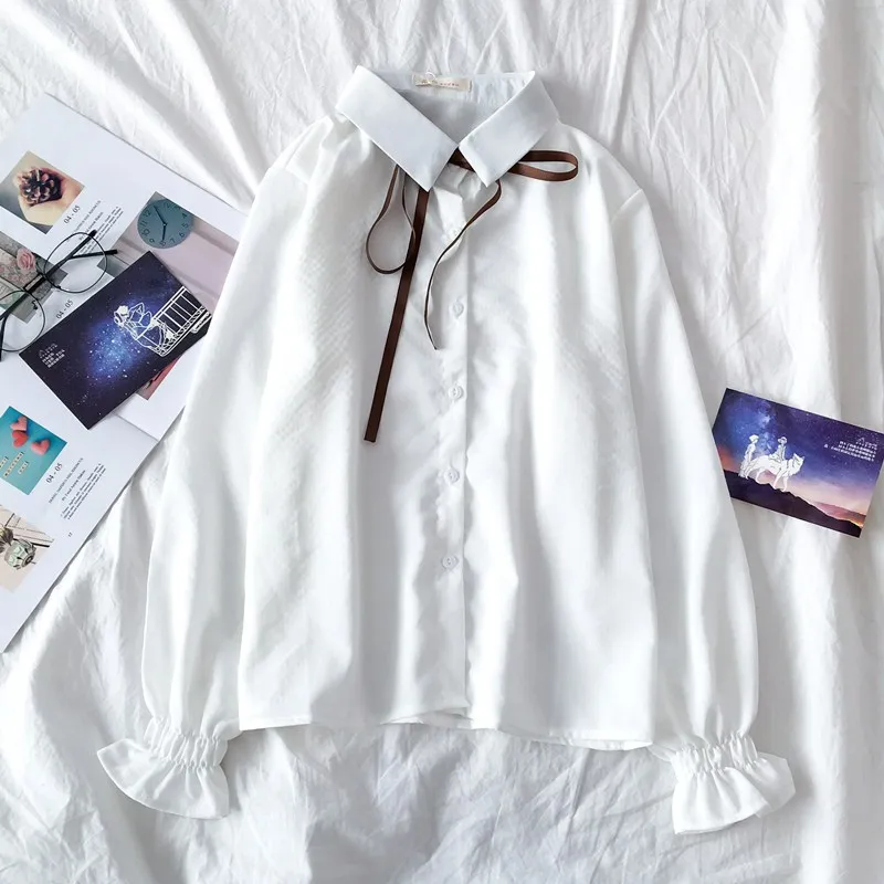 Женская блузка белого и голубого цвета с длинным рукавом лето-осень 2020