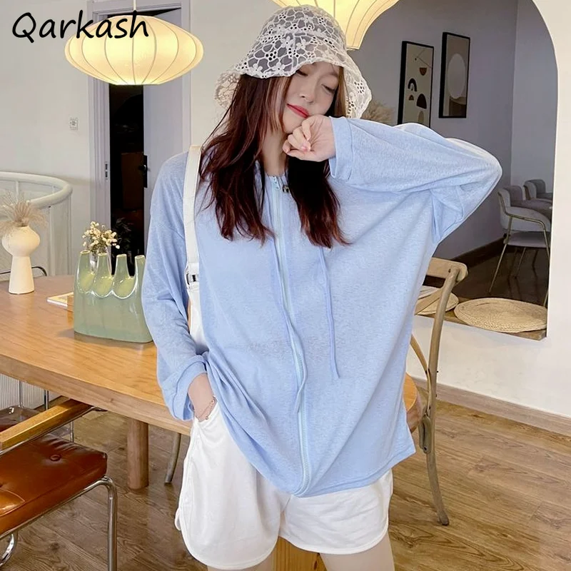 

Куртка женская Солнцезащитная с капюшоном, простая стильная свободная дышащая верхняя одежда карамельных цветов, на молнии, мягкая тонкая, ...