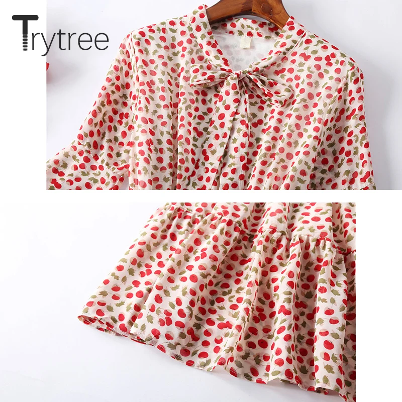 Trytree 2020 Spring Summer Women Dress Casual Bow Flare Sleeve print A-line Ruffle 6 Color Elegant Knee-Length | Женская одежда